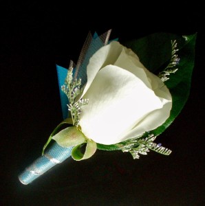Boutonniere-White rose with aqua accents